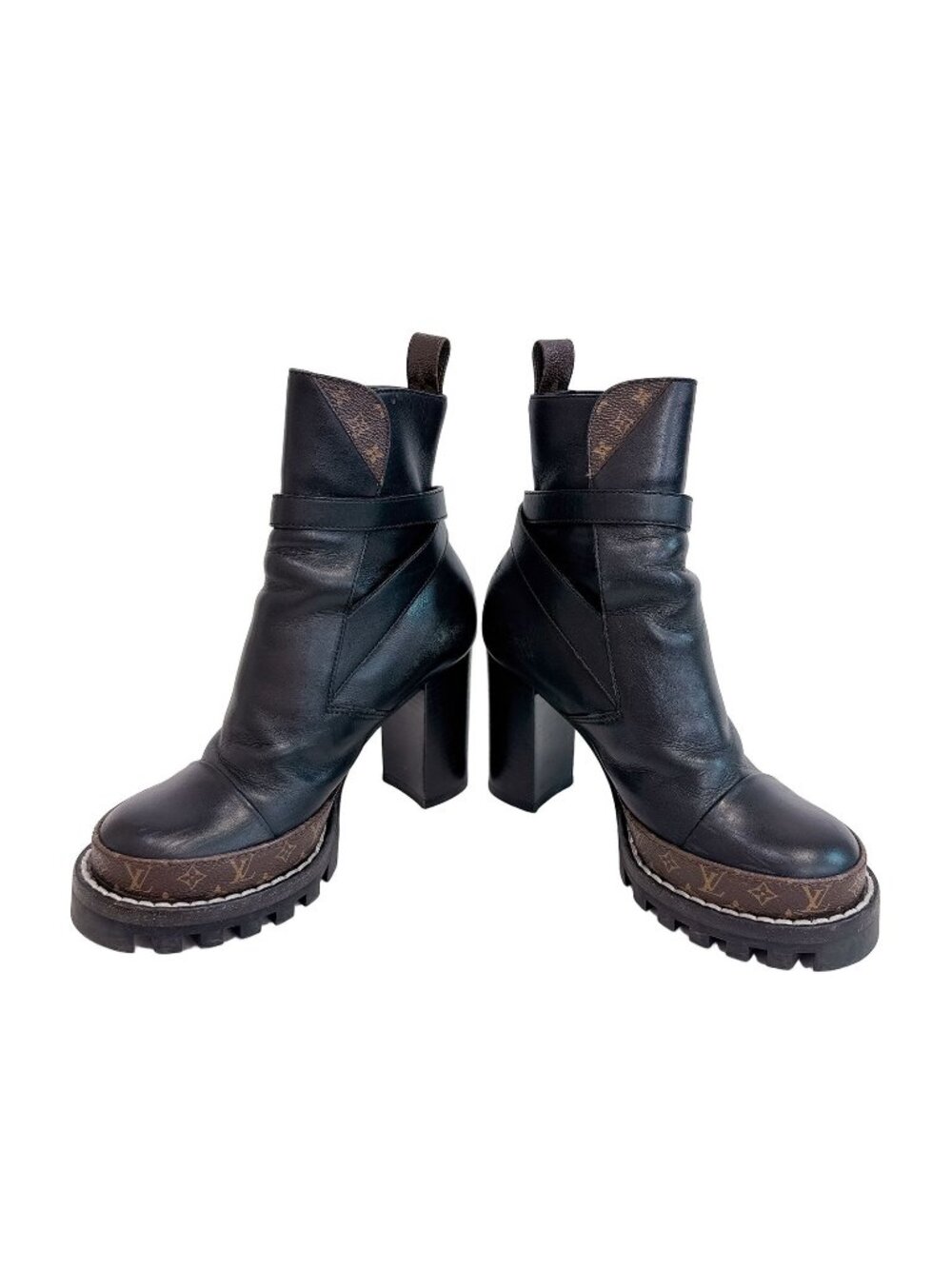 Louis Vuitton Star Trail Line Ankle Boots Lace-up Chunky Heel Leather Black JP